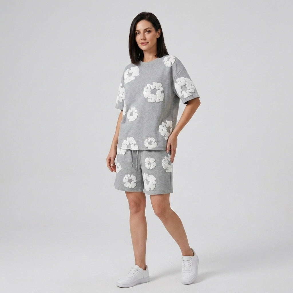 Liviana | Women's Casual Cotton Short Set – 3D Floral Matching Top & Shorts