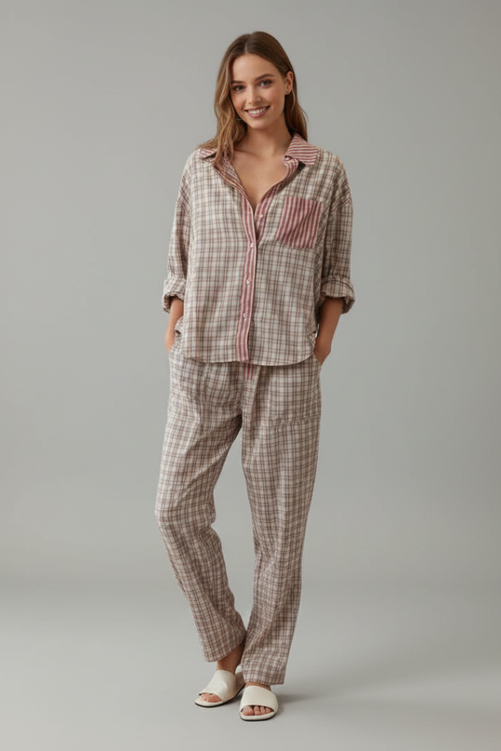 Lorena | Women's Patterned Pyjama Set – Classic Collar Shirt & Elastic Waist Trousers