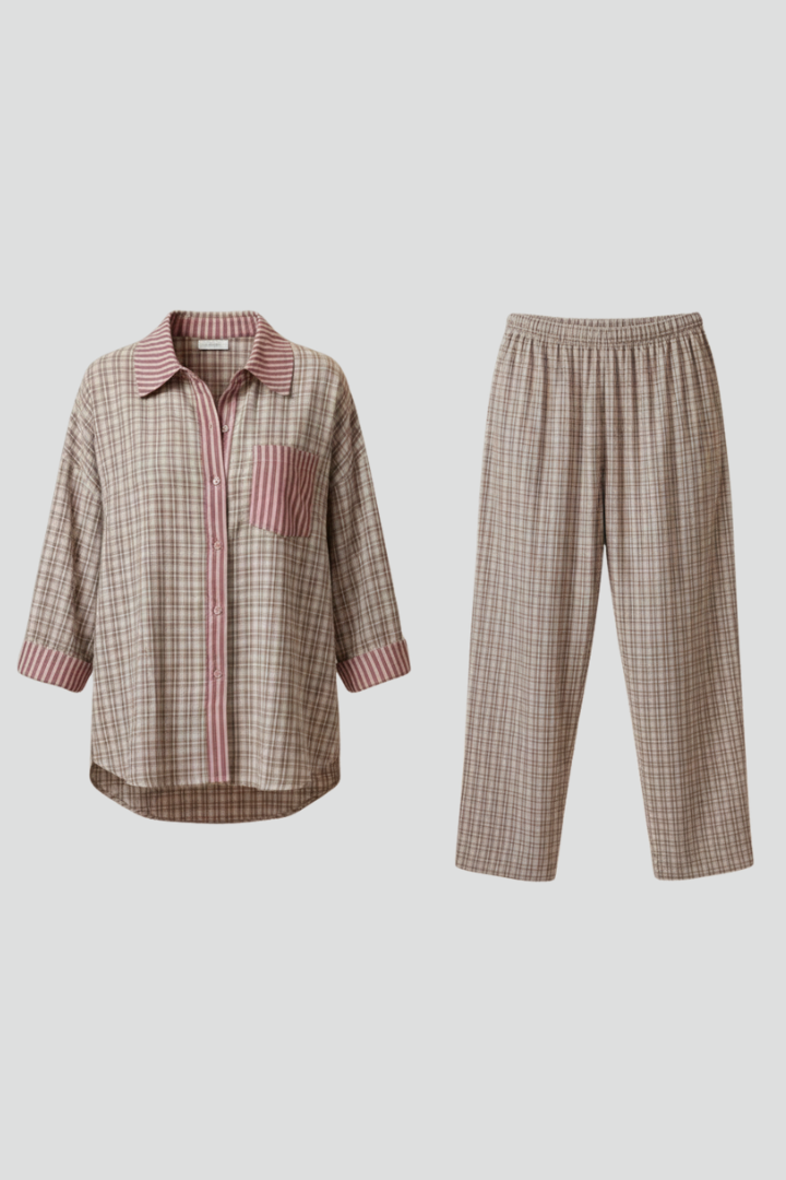 Lorena | Women's Patterned Pyjama Set – Classic Collar Shirt & Elastic Waist Trousers