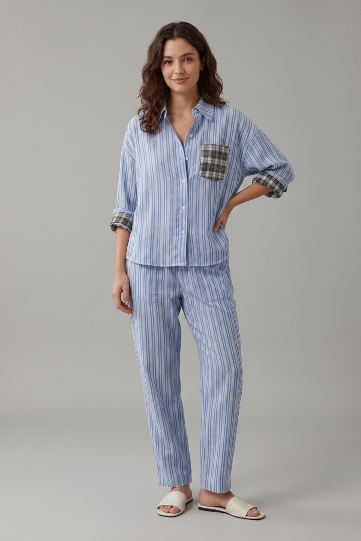 Lorena | Women's Patterned Pyjama Set – Classic Collar Shirt & Elastic Waist Trousers