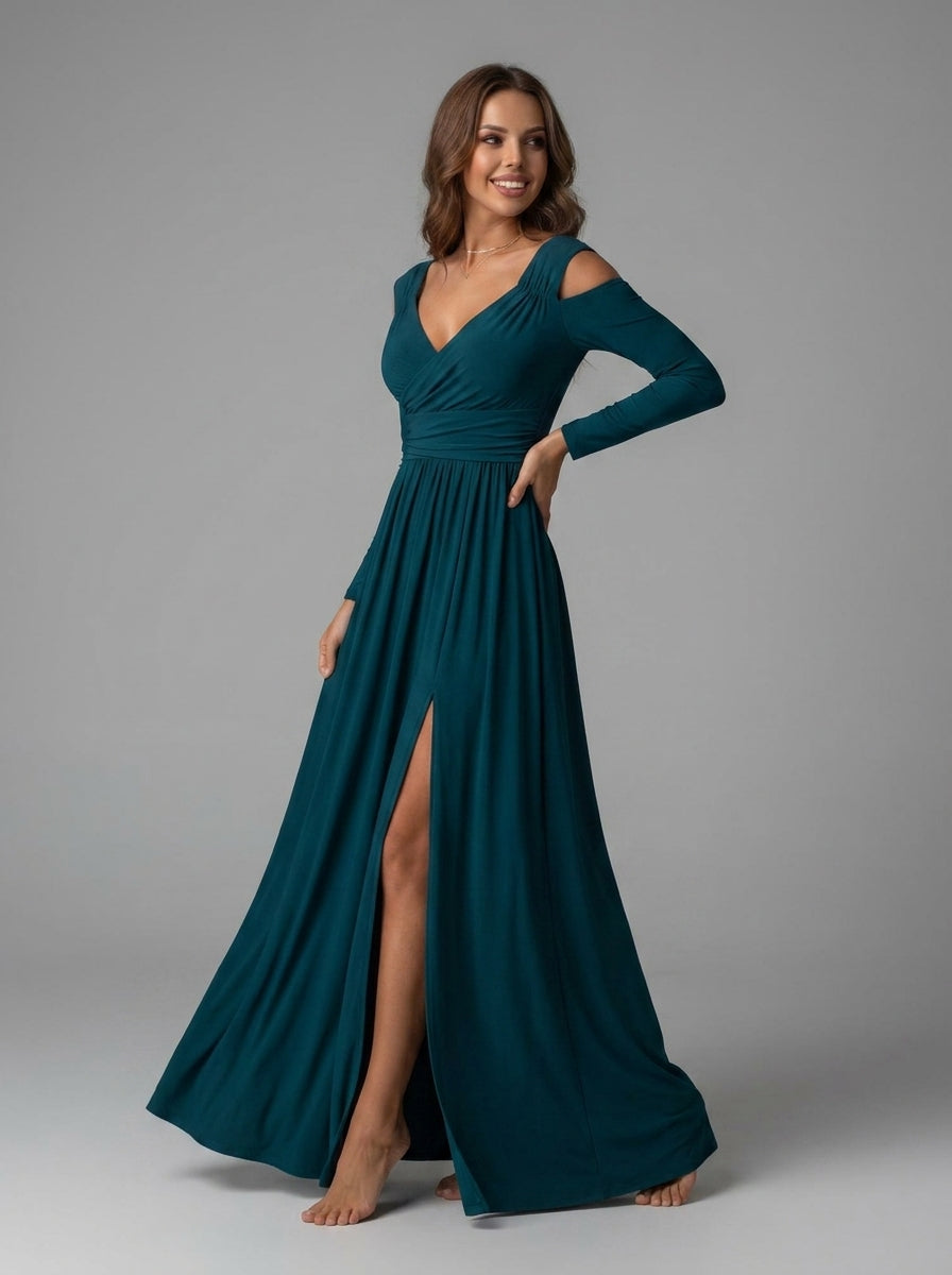 Lucienne | Women’s Long Sleeve Maxi Dress – V-Neck,Flowing Formal Evening Dress