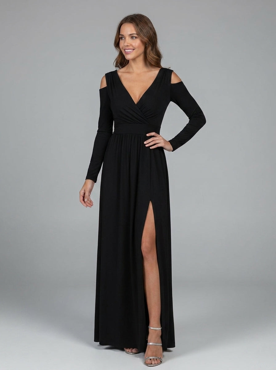 Lucienne | Women’s Long Sleeve Maxi Dress – V-Neck,Flowing Formal Evening Dress