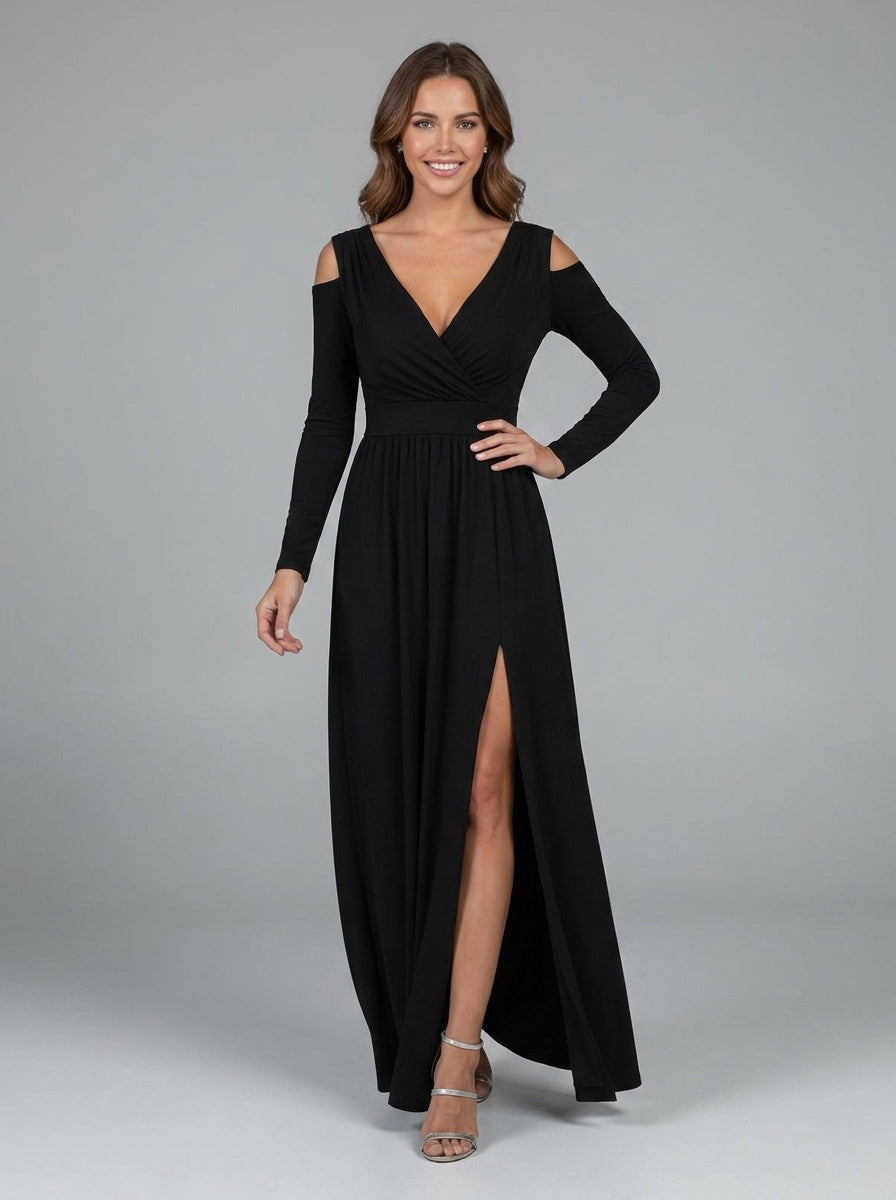 Lucienne | Women’s Long Sleeve Maxi Dress – V-Neck,Flowing Formal Evening Dress