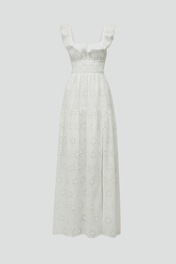 Lucy | Women’s Maxi Dress – Square Neck Ruffle Strap, High Side Slit, Elegant Long Dress