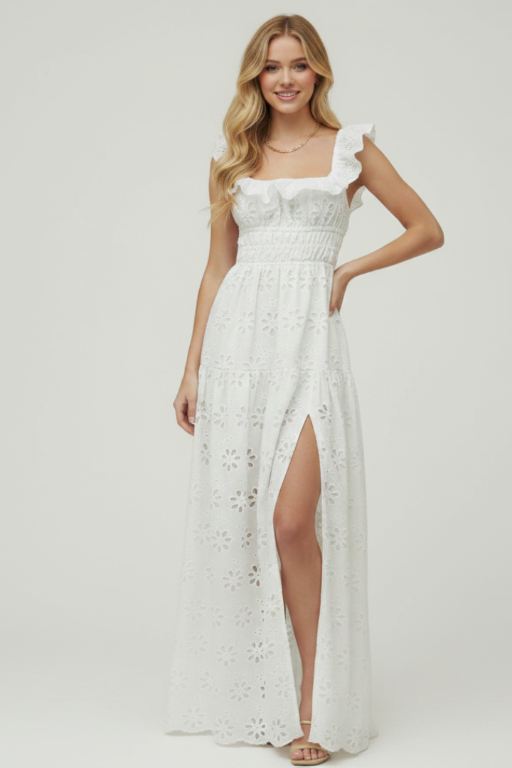 Lucy | Women’s Maxi Dress – Square Neck Ruffle Strap, High Side Slit, Elegant Long Dress
