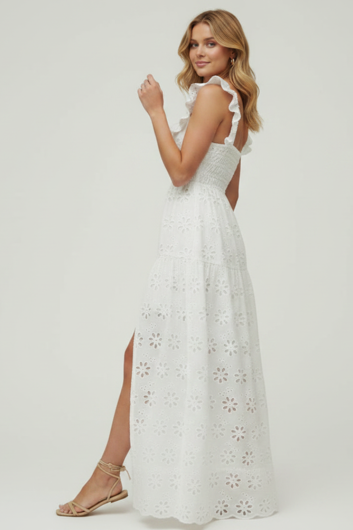 Lucy | Women’s Maxi Dress – Square Neck Ruffle Strap, High Side Slit, Elegant Long Dress