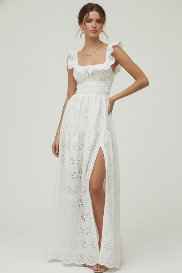 Lucy | Women’s Maxi Dress – Square Neck Ruffle Strap, High Side Slit, Elegant Long Dress