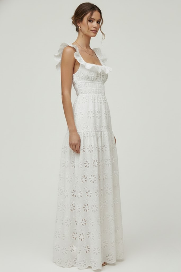 Lucy | Women’s Maxi Dress – Square Neck Ruffle Strap, High Side Slit, Elegant Long Dress