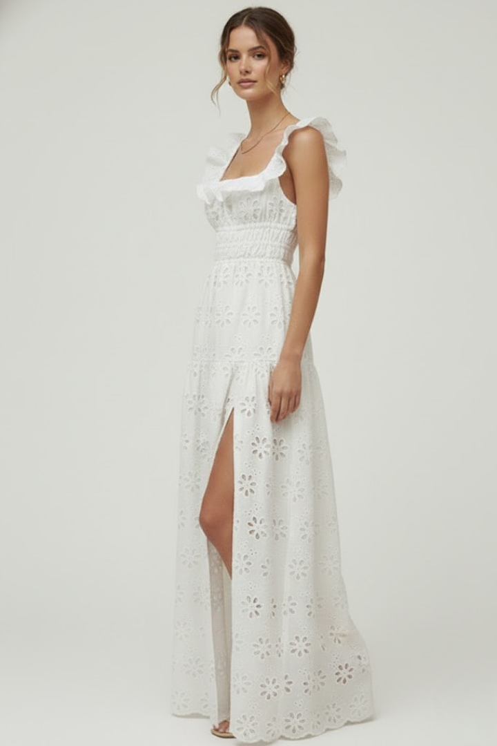 Lucy | Women’s Maxi Dress – Square Neck Ruffle Strap, High Side Slit, Elegant Long Dress