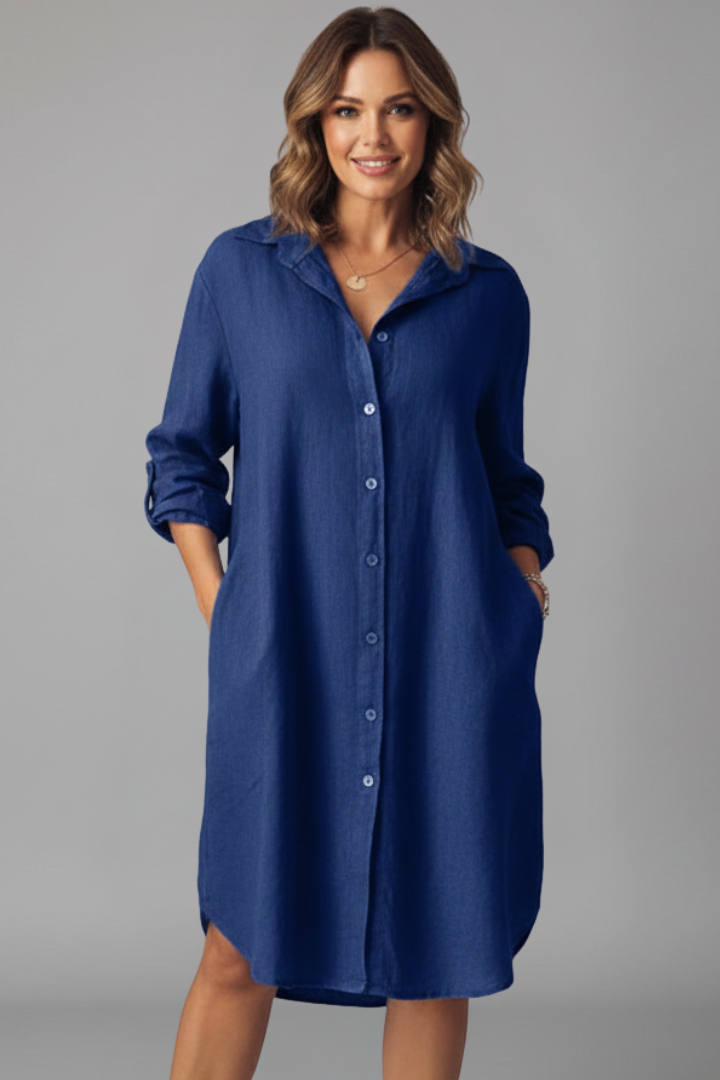 Luella | Women's Relaxed Fit Shirt Dress - Collared Button Up Long Sleeve Mini Dress