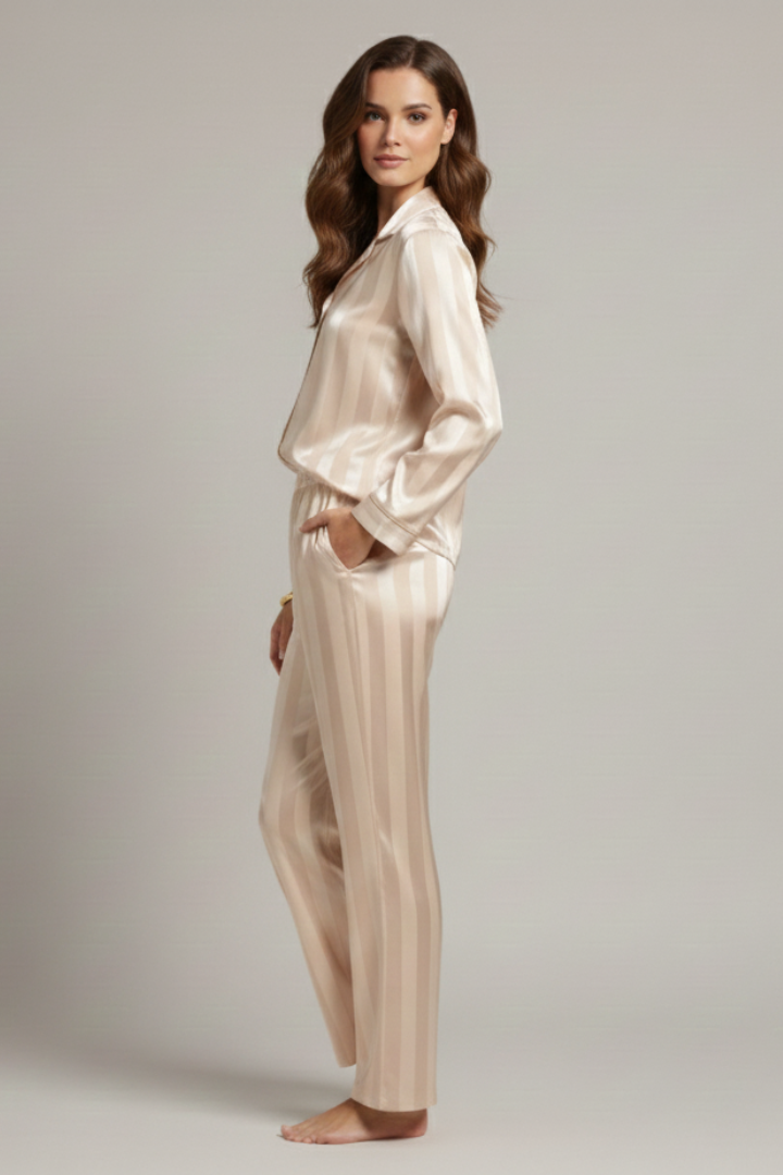 Luisa | Women's Button-Down Satin Pajama Set – Soft Striped Sleepwear Outfit