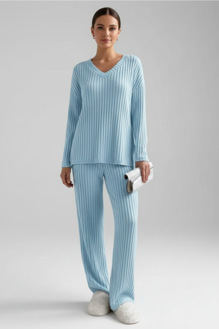 Lyna | Women's Cozy Ribbed Lounge Wear Set – V Neck Long Sleeve Matching Outfit