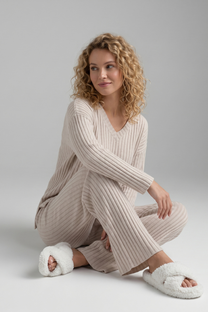 Lyna | Women's Cozy Ribbed Lounge Wear Set – V Neck Long Sleeve Matching Outfit