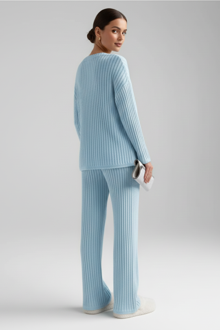 Lyna | Women's Cozy Ribbed Lounge Wear Set – V Neck Long Sleeve Matching Outfit