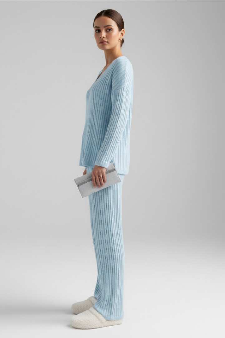 Lyna | Women's Cozy Ribbed Lounge Wear Set – V Neck Long Sleeve Matching Outfit