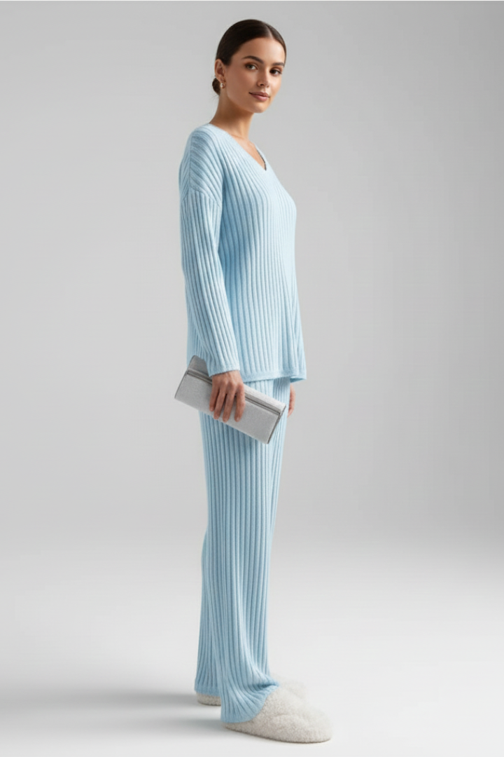 Lyna | Women's Cozy Ribbed Lounge Wear Set – V Neck Long Sleeve Matching Outfit