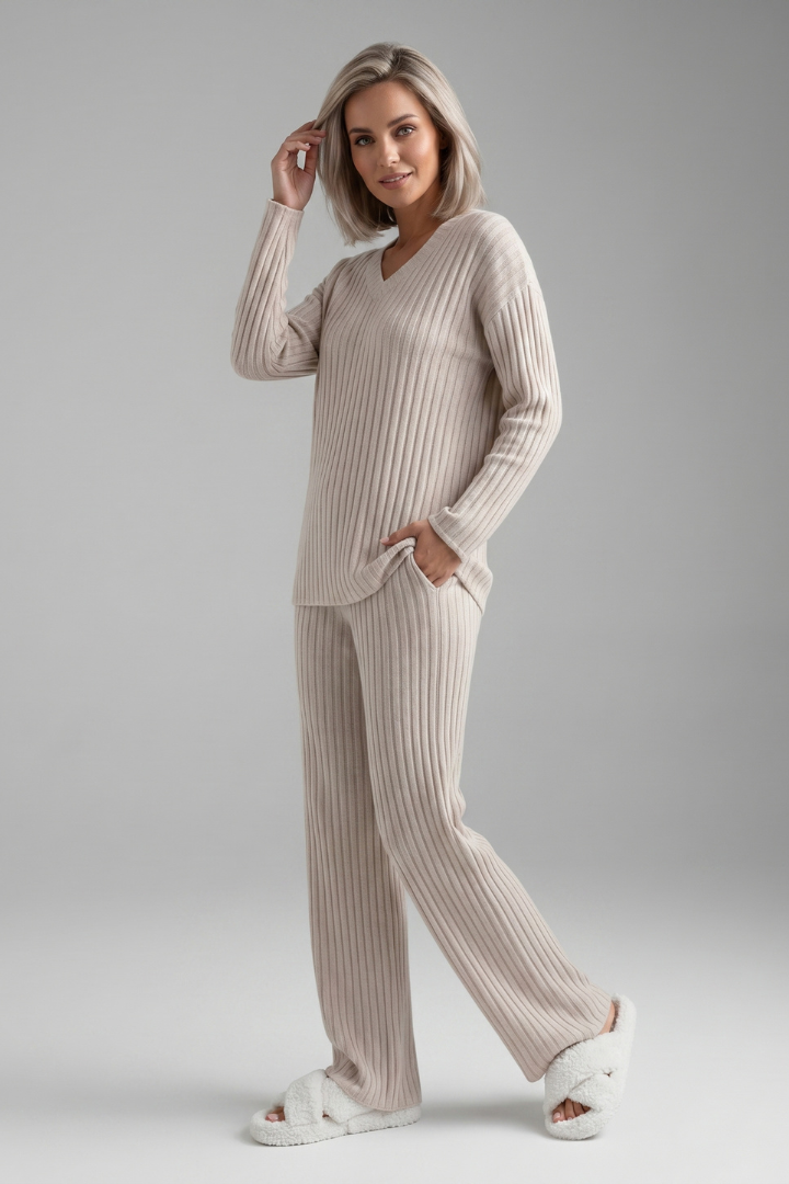 Lyna | Women's Cozy Ribbed Lounge Wear Set – V Neck Long Sleeve Matching Outfit
