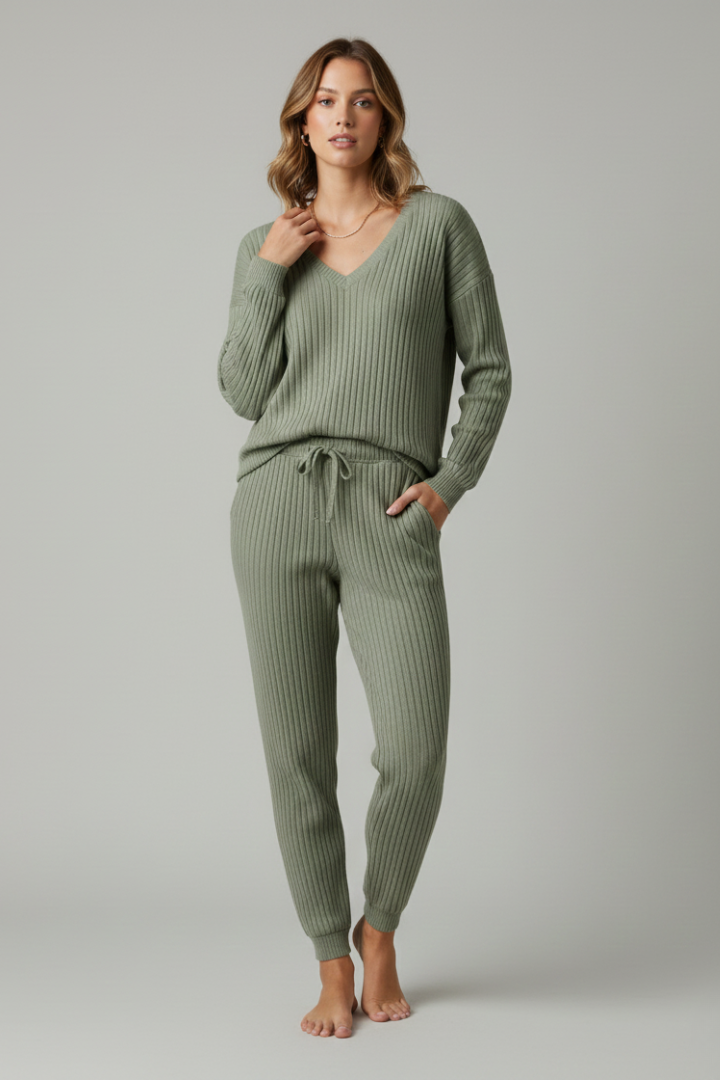 Lyra | Women's 2-Piece Ribbed Loungewear Set - Long Sleeve Top