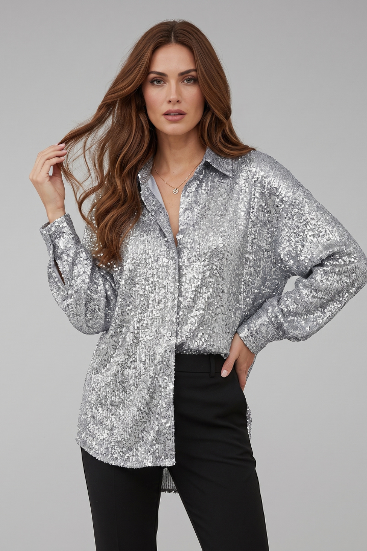 Lyriena | Women’s Oversized Shimmer Blouse – Long Sleeve Loose Fit Party Top