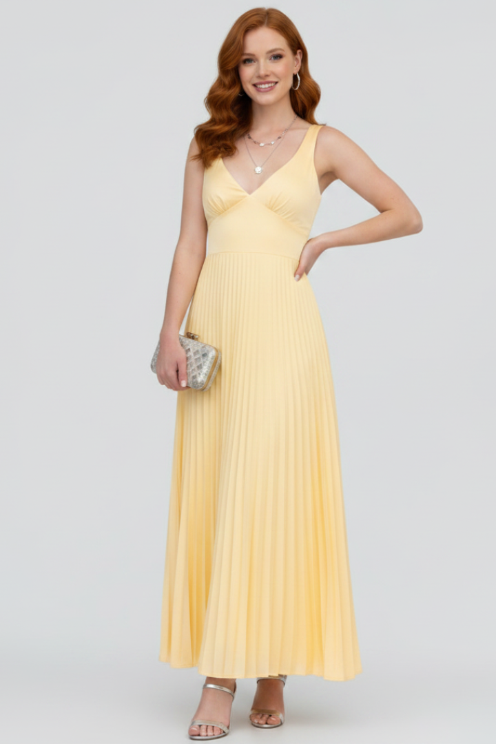 Lysenne | Women’s Pleated Maxi Dress – Sleeveless V-Neck Formal Dress, Back Straps