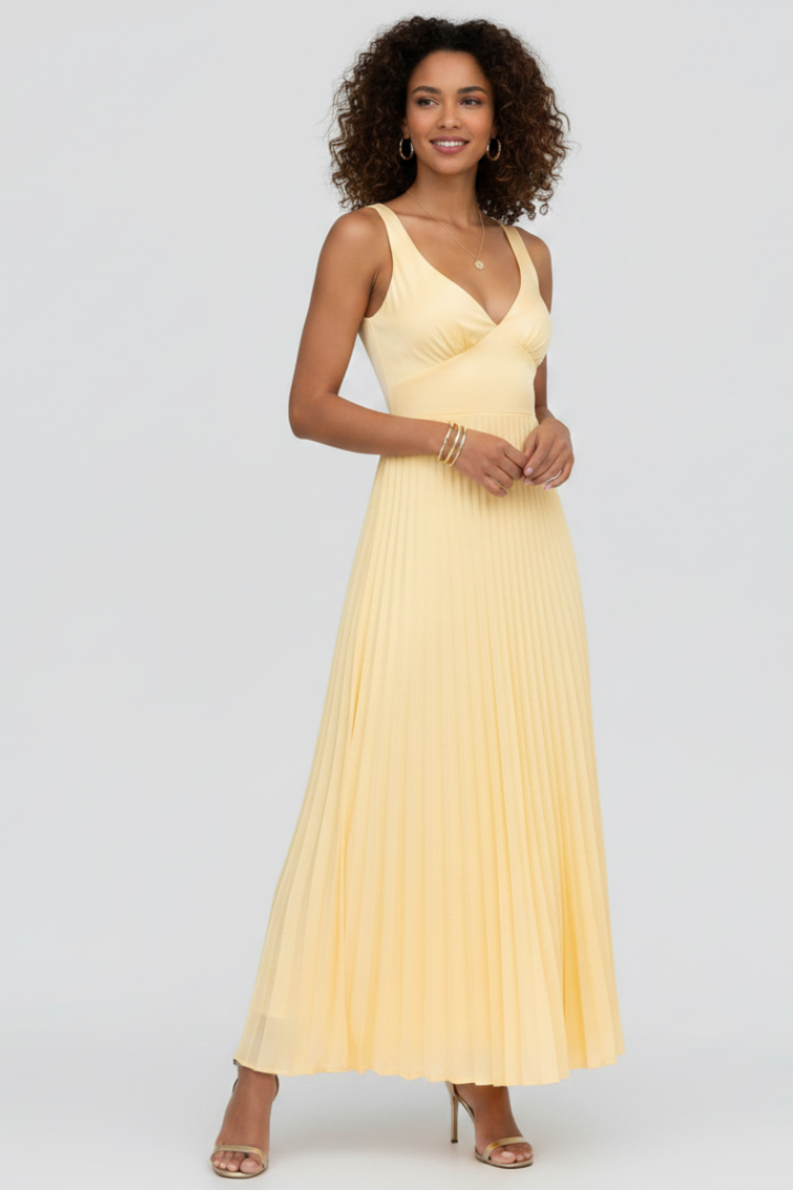 Lysenne | Women’s Pleated Maxi Dress – Sleeveless V-Neck Formal Dress, Back Straps