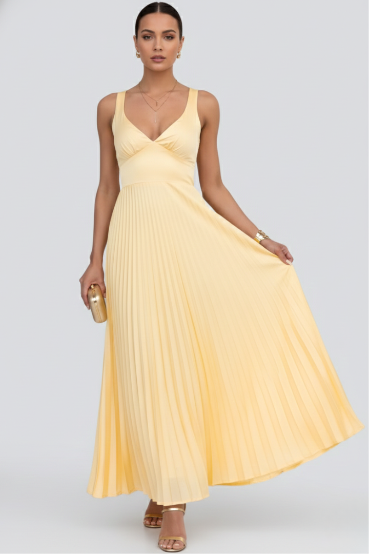 Lysenne | Women’s Pleated Maxi Dress – Sleeveless V-Neck Formal Dress, Back Straps