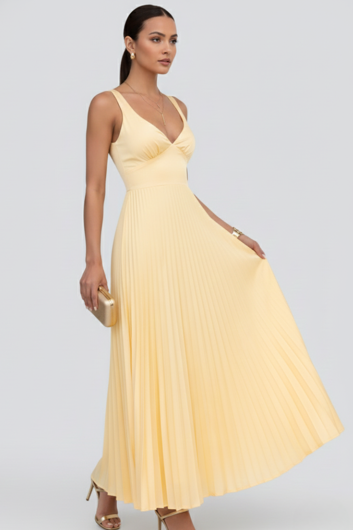 Lysenne | Women’s Pleated Maxi Dress – Sleeveless V-Neck Formal Dress, Back Straps