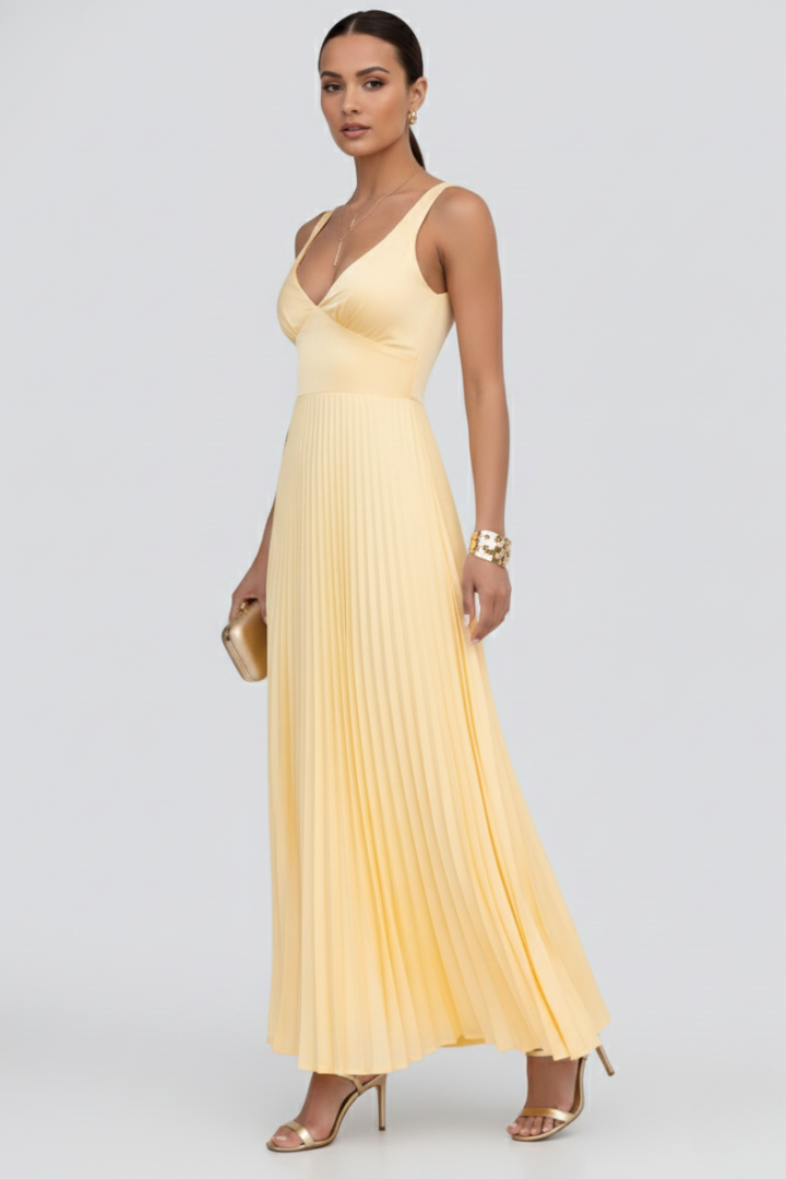 Lysenne | Women’s Pleated Maxi Dress – Sleeveless V-Neck Formal Dress, Back Straps