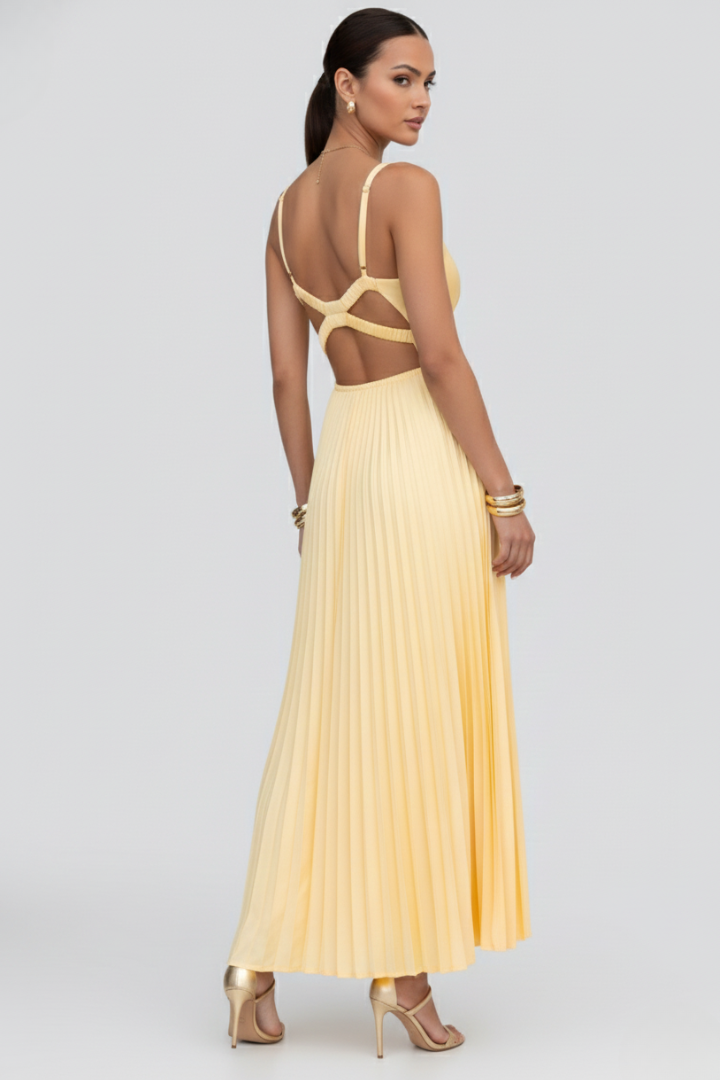 Lysenne | Women’s Pleated Maxi Dress – Sleeveless V-Neck Formal Dress, Back Straps