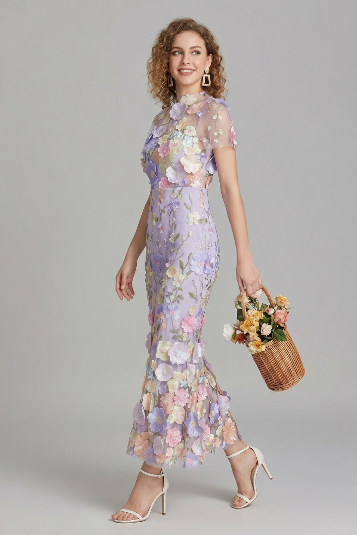 Lyssara | Women’s Floral Embroidered Evening Maxi Dress – Sheer Sleeve Elegant Gown