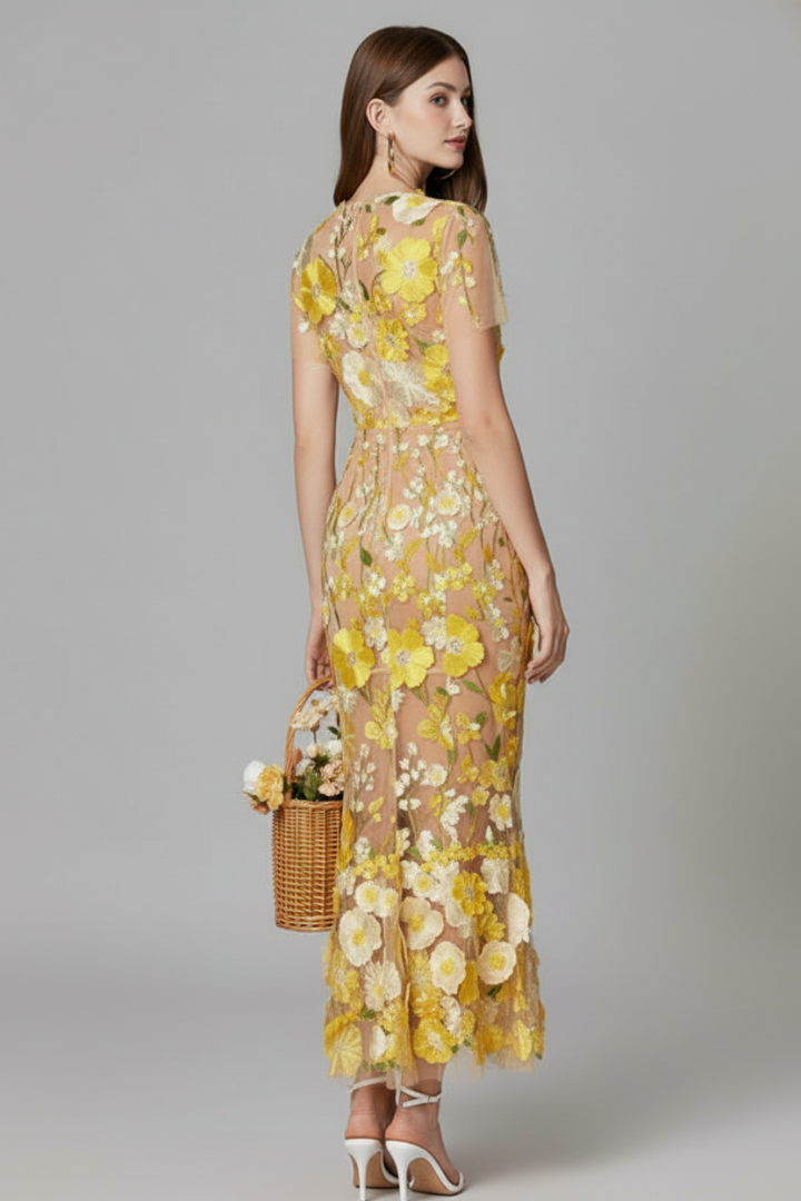 Lyssara | Women’s Floral Embroidered Evening Maxi Dress – Sheer Sleeve Elegant Gown