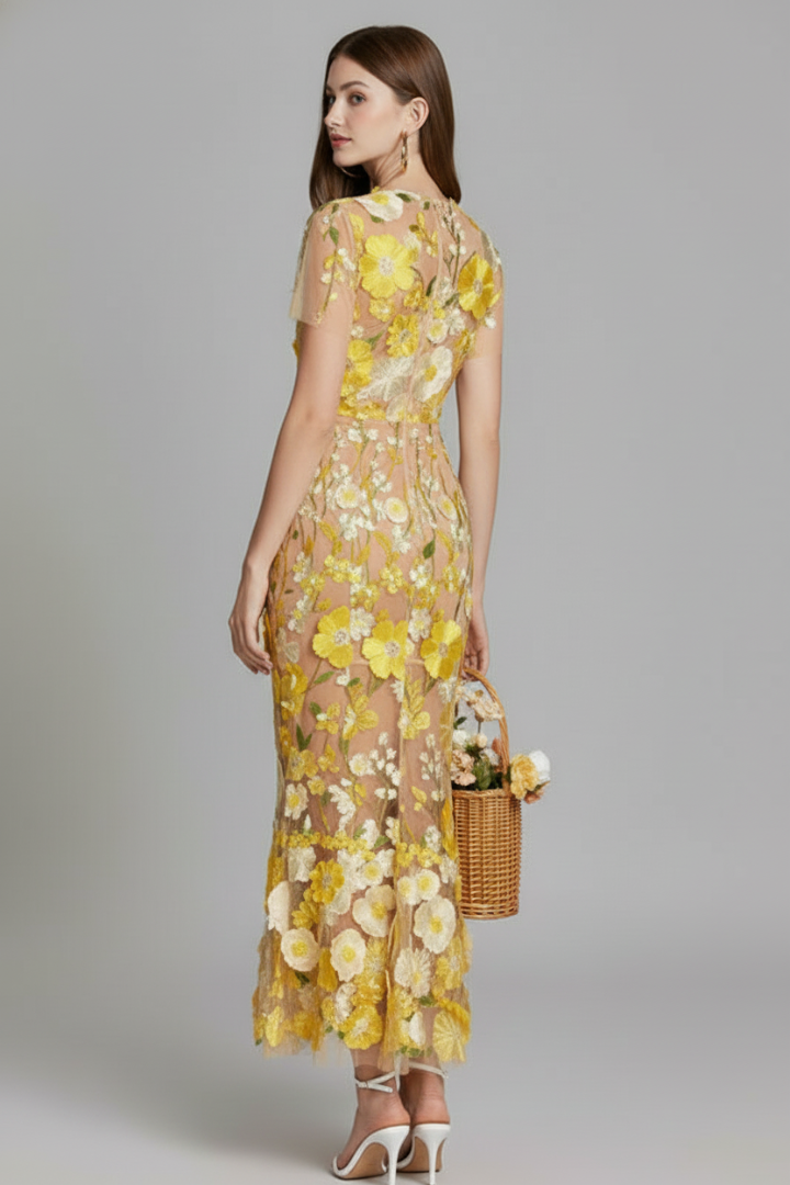 Lyssara | Women’s Floral Embroidered Evening Maxi Dress – Sheer Sleeve Elegant Gown