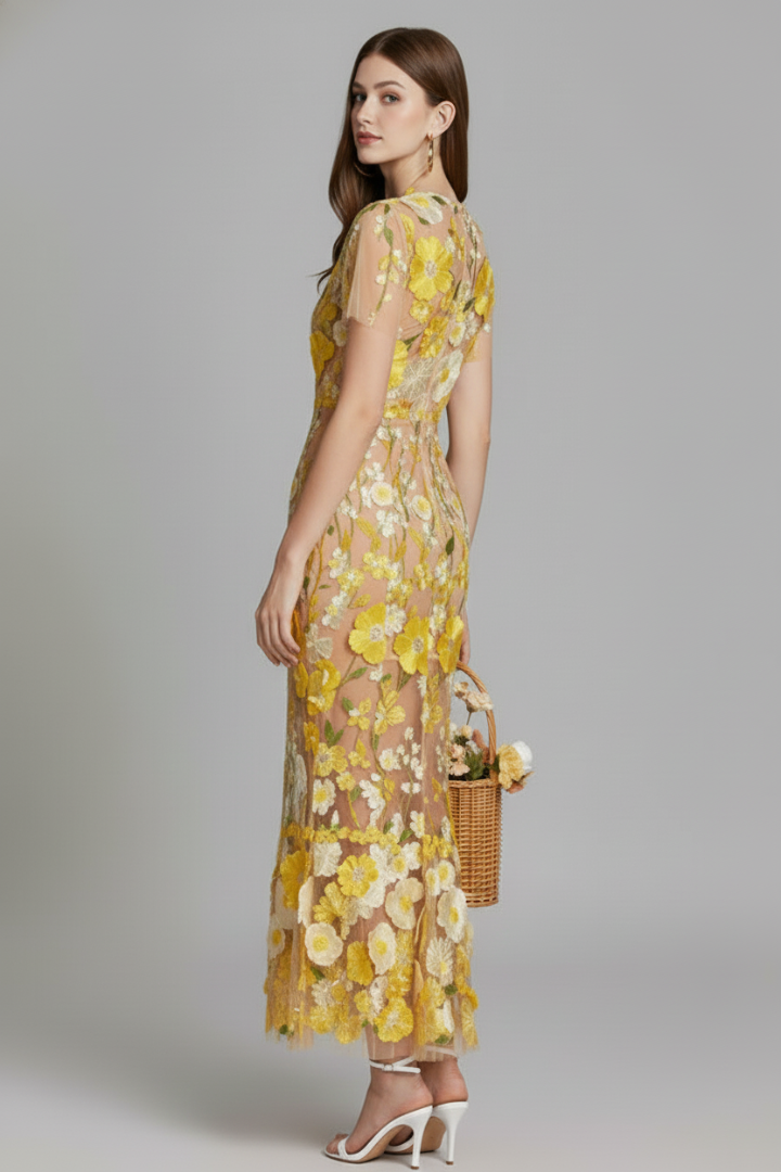 Lyssara | Women’s Floral Embroidered Evening Maxi Dress – Sheer Sleeve Elegant Gown