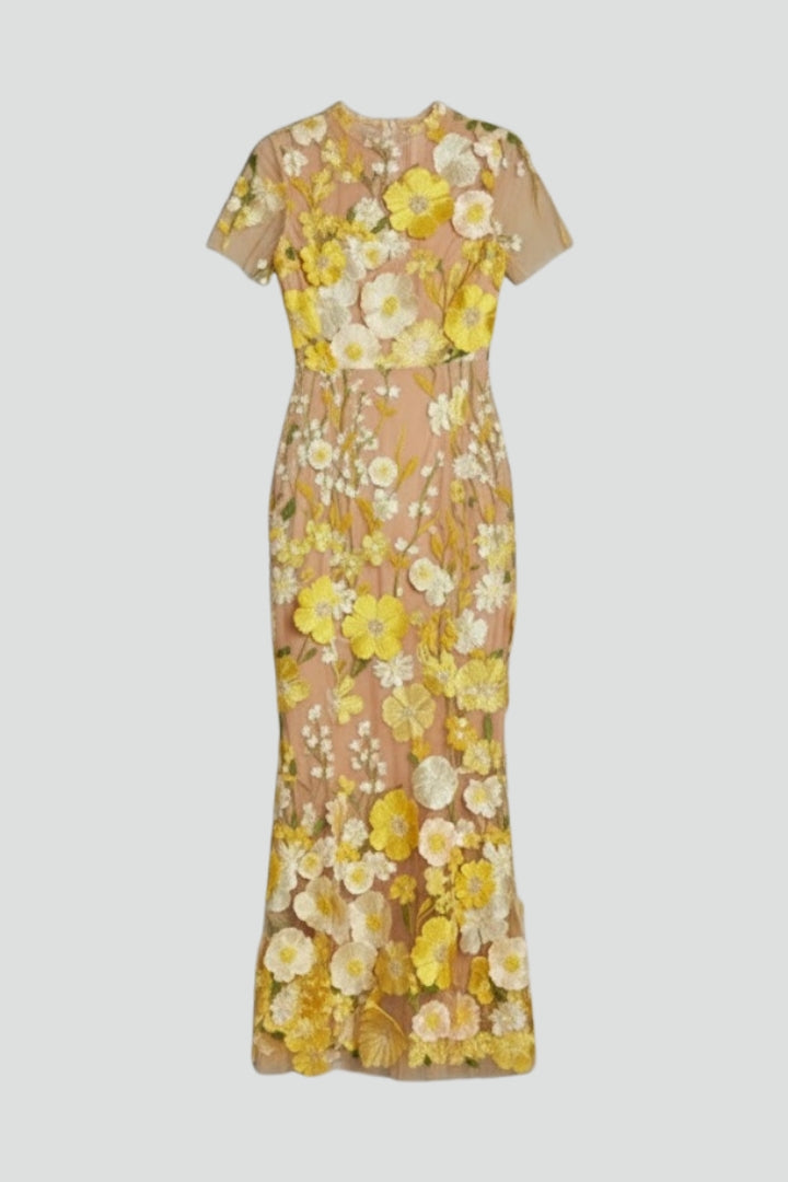 Lyssara | Women’s Floral Embroidered Evening Maxi Dress – Sheer Sleeve Elegant Gown