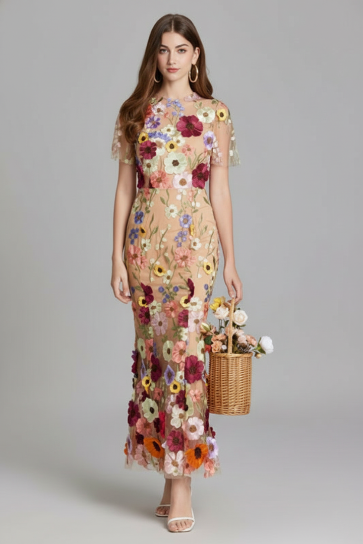 Lyssara | Women’s Floral Embroidered Evening Maxi Dress – Sheer Sleeve Elegant Gown
