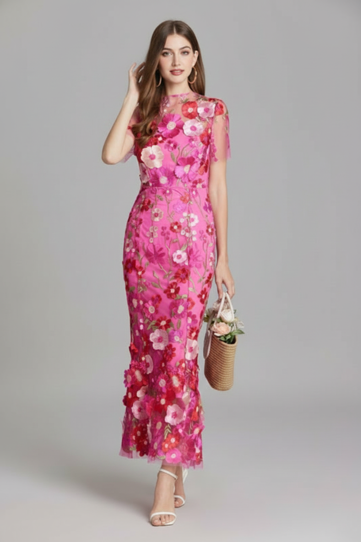 Lyssara | Women’s Floral Embroidered Evening Maxi Dress – Sheer Sleeve Elegant Gown