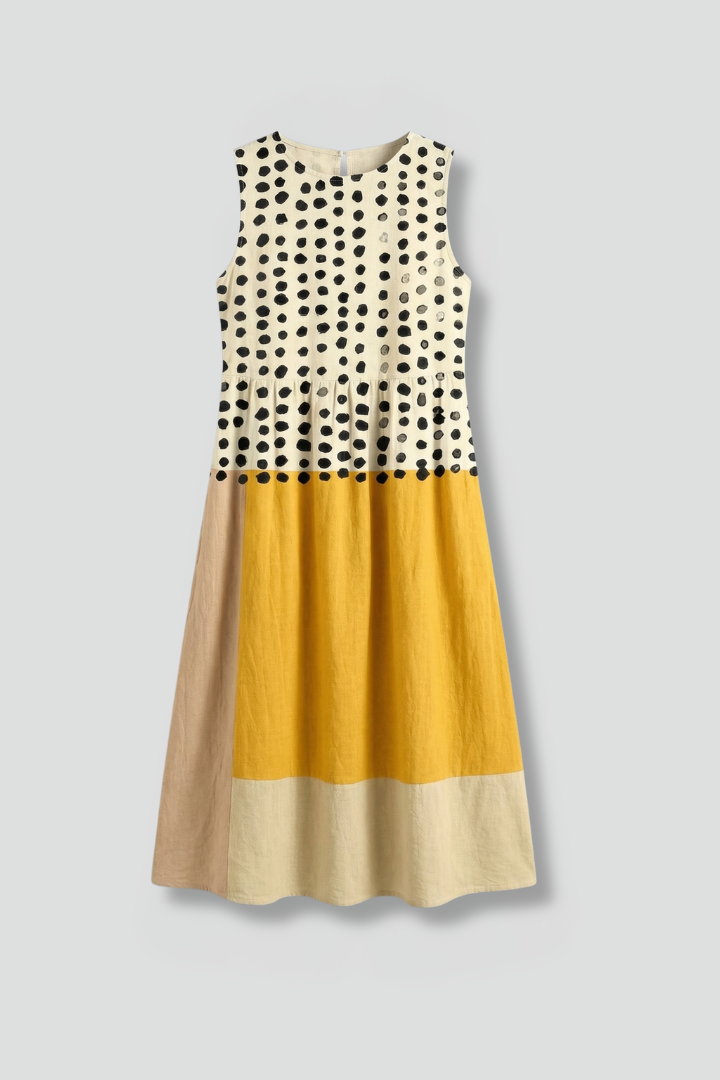Mabel | Women's Polka Pattern Midi Dress - Sleeveless Round Neck Casual Dress