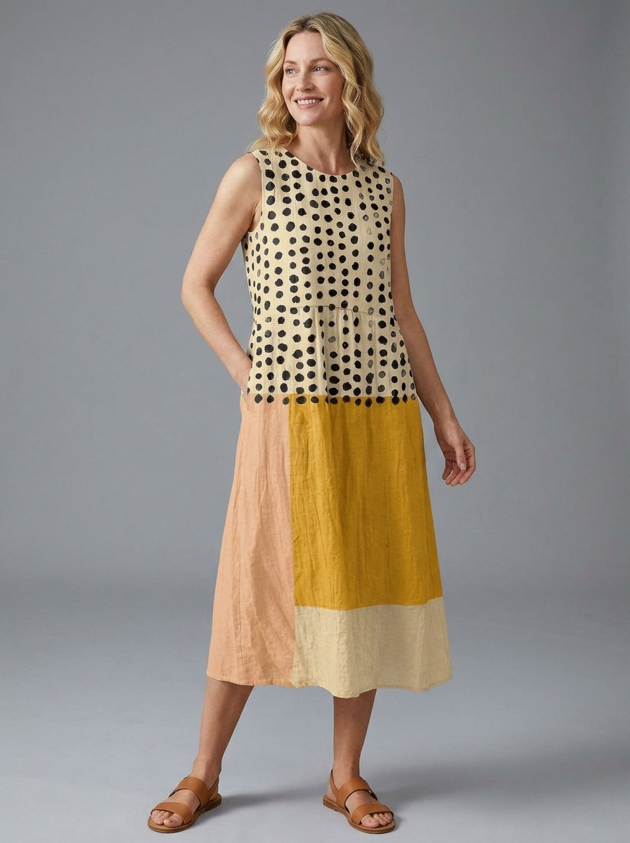 Mabel | Women's Polka Pattern Midi Dress - Sleeveless Round Neck Casual Dress