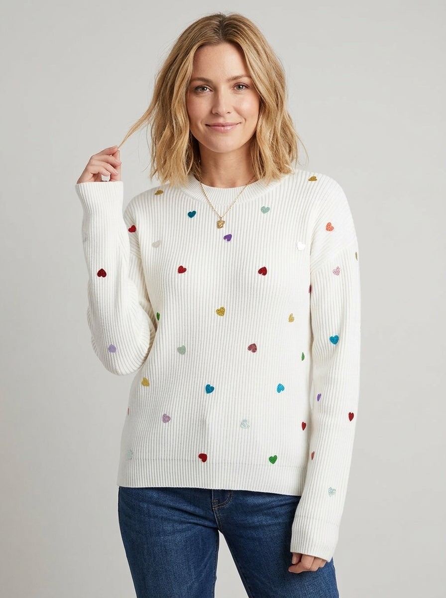 Maevina | Women's Sequin Heart Sweater – Textured Waffle Knit