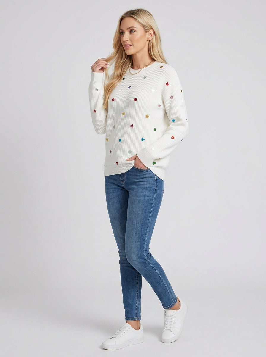 Maevina | Women's Sequin Heart Sweater – Textured Waffle Knit