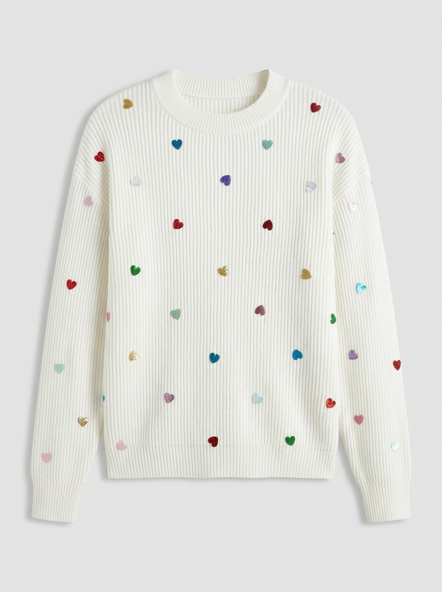 Maevina | Women's Sequin Heart Sweater – Textured Waffle Knit