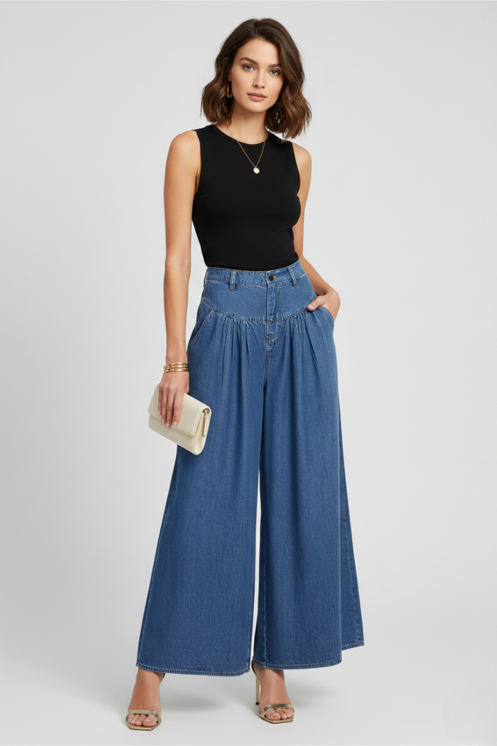 Maren | Women's Wide Leg Washed Denim Jeans – Button Zip Casual Pants