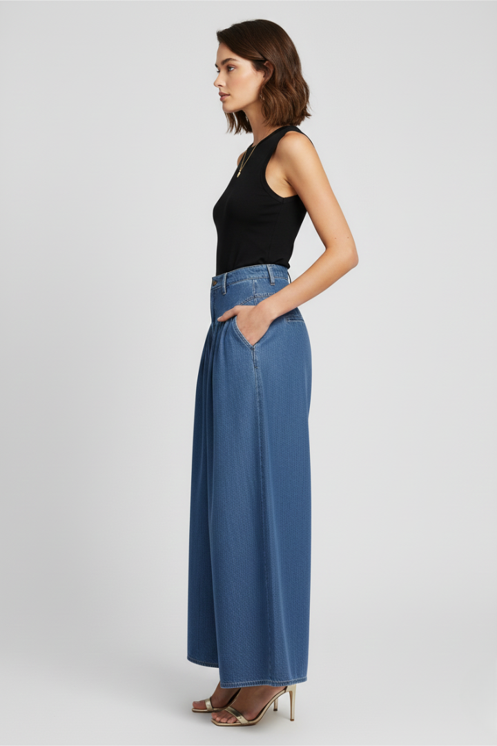 Maren | Women's Wide Leg Washed Denim Jeans – Button Zip Casual Pants