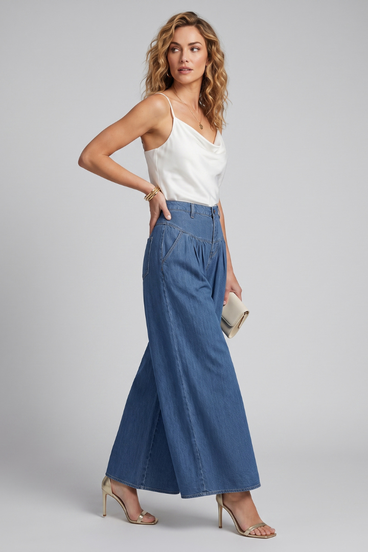 Maren | Women's Wide Leg Washed Denim Jeans – Button Zip Casual Pants