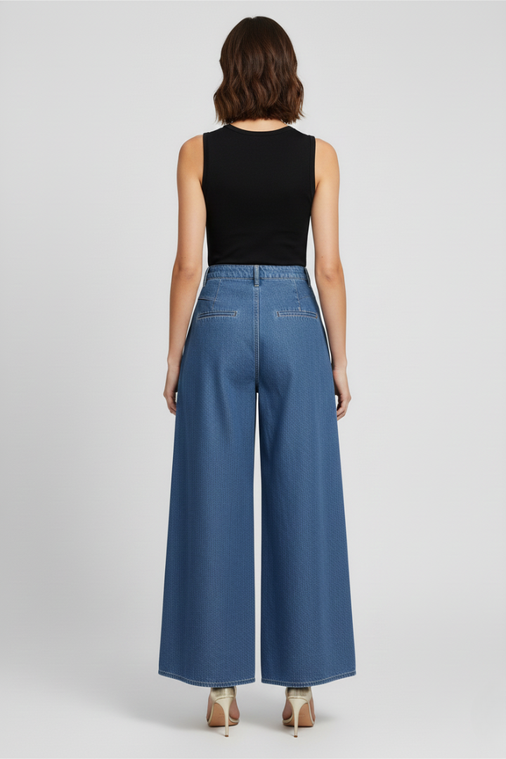 Maren | Women's Wide Leg Washed Denim Jeans – Button Zip Casual Pants