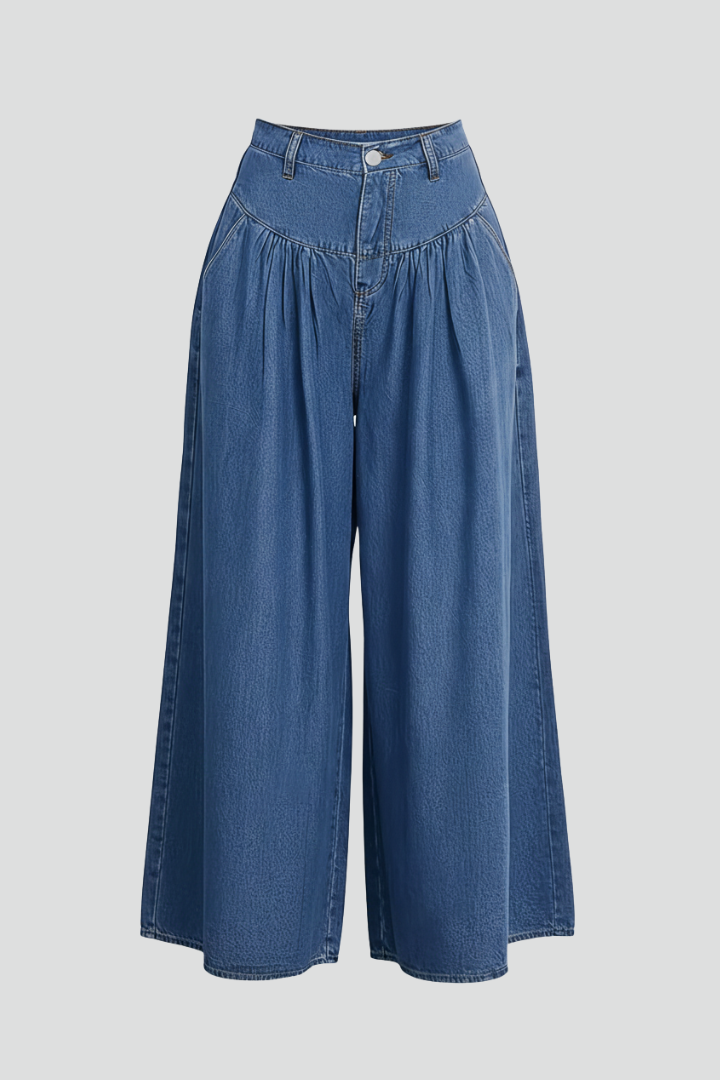 Maren | Women's Wide Leg Washed Denim Jeans – Button Zip Casual Pants