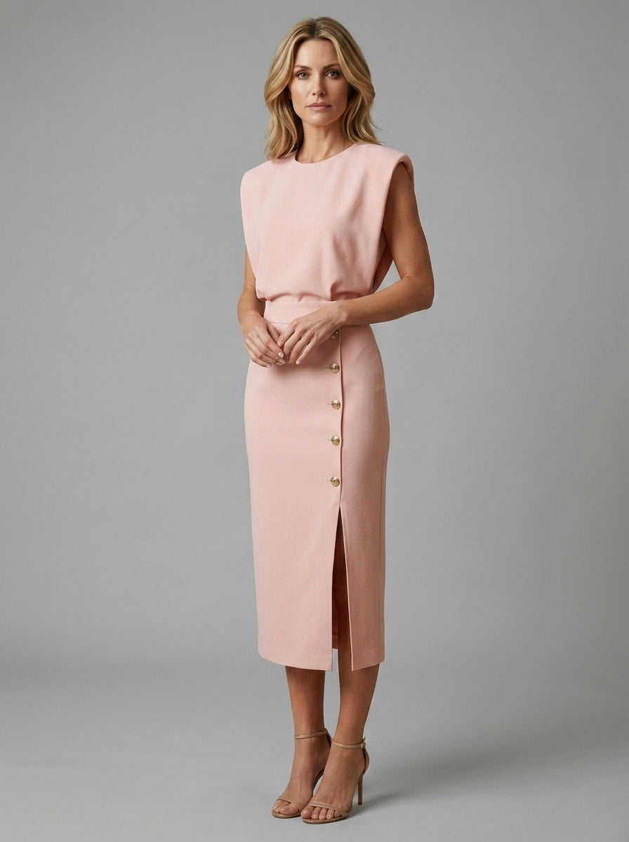 Maribe | Women’s Midi Dress – Sleeveless Round Neck Dress with Button Slit
