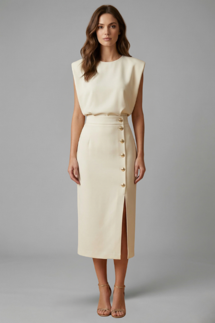 Maribe | Women’s Midi Dress – Sleeveless Round Neck Dress with Button Slit