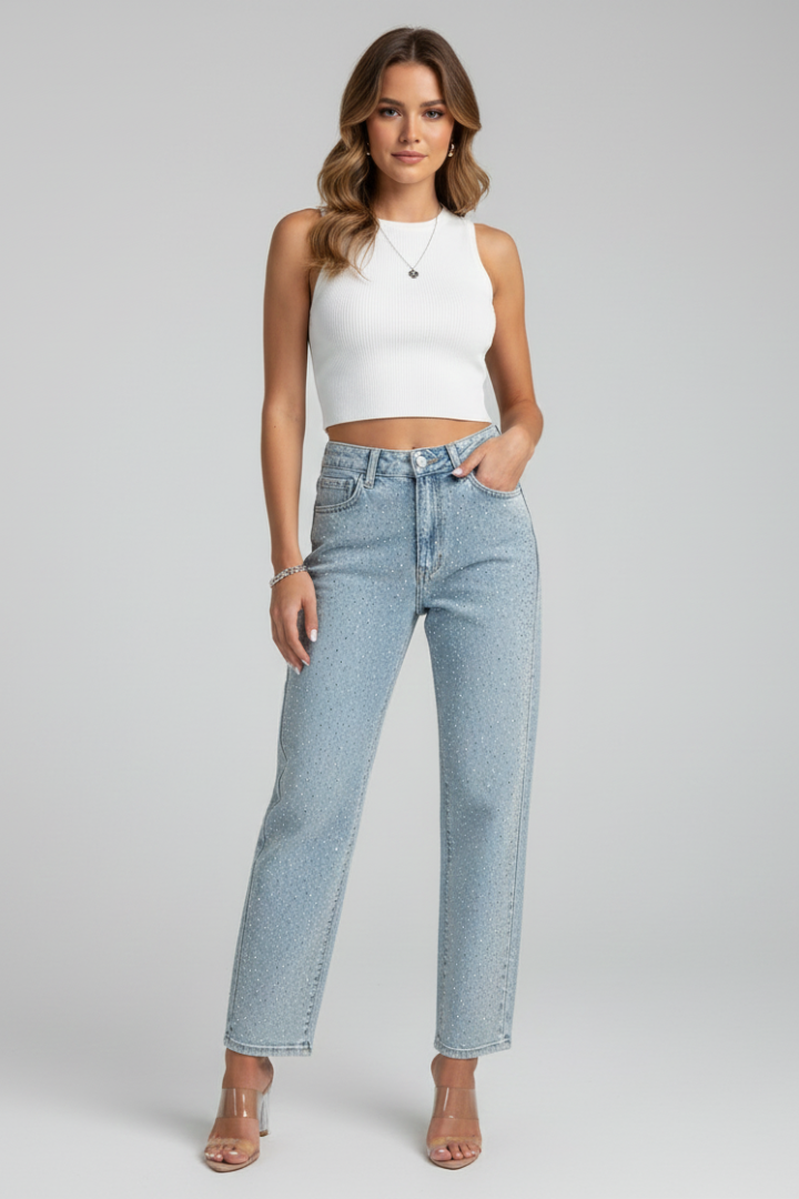 Mariselle | Women’s High Waist Straight Leg Jeans – Stretch Denim Shimmer Finish