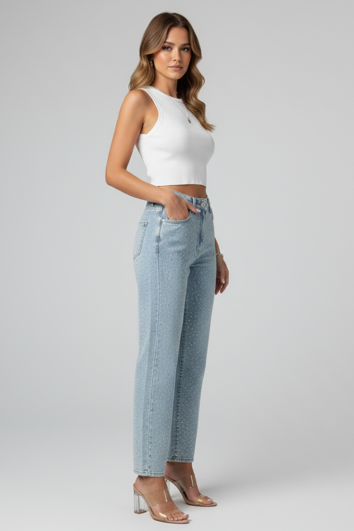 Mariselle | Women’s High Waist Straight Leg Jeans – Stretch Denim Shimmer Finish
